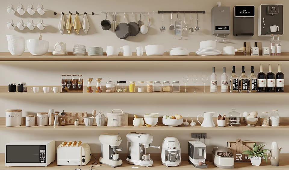 Organized Kitchen Supplies Display With Tableware Utensils Appliances Jars And Bottles 3d model 