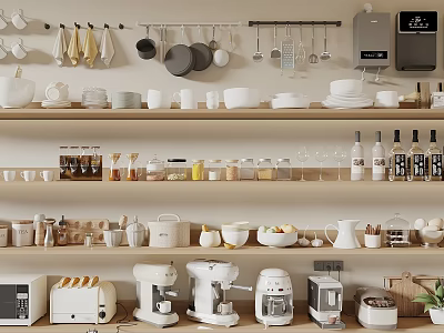 Organized Kitchen Supplies Display With Tableware Utensils Appliances Jars And Bottles 3d model