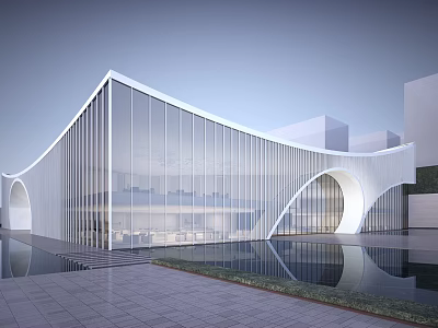 Modern Sales Office Building With Curved Glass Curtain Wall And Water Reflection 3d model