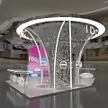 I Do Exhibition Booth Featuring Modern Curved Structure Cloud Decorations Pink Background And Elegant Lighting 3d model