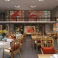 Chinese Style Restaurant Interior With Red Paper Cut Decor Gray Brick Walls And Wooden Tables