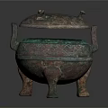 Ancient Bronze Ding With Decorative Lid Handles And Three Legs Design 3d model