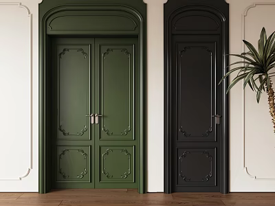 Elegant Green And Black Double Doors With White Walls Wooden Floor And Potted Plant 3d model