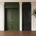 Elegant Green And Black Double Doors With White Walls Wooden Floor And Potted Plant