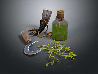 Rustic Household Items Featuring Green Liquid Bottle Horn Container Wooden Handle Sickle And Green Plants 3d model