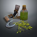 Rustic Household Items Featuring Green Liquid Bottle Horn Container Wooden Handle Sickle And Green Plants