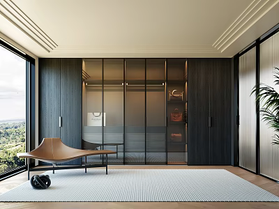 Modern Walk In Closet Interior With Glass Doors Dark Wood Cabinets And Leather Chaise Lounge 3d model