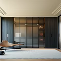 Modern Walk In Closet Interior With Glass Doors Dark Wood Cabinets And Leather Chaise Lounge