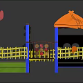 Colorful Playground Equipment With Yellow Roof Blue Pillars Green Platform And Climbing Features
