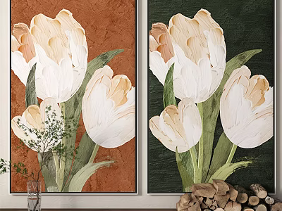 White Tulip Plant Paintings With Green Leaves On Brown And Dark Green Backgrounds 3d model