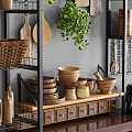 Organized Kitchen Shelves With Wooden Kitchenware Jars Bowls Baskets Hanging Utensils And Green Plants