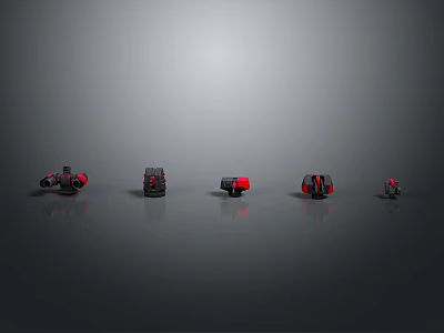 Multiple Different Designed Weapon Models in Black Red Color Displayed on Gray Background 3d model
