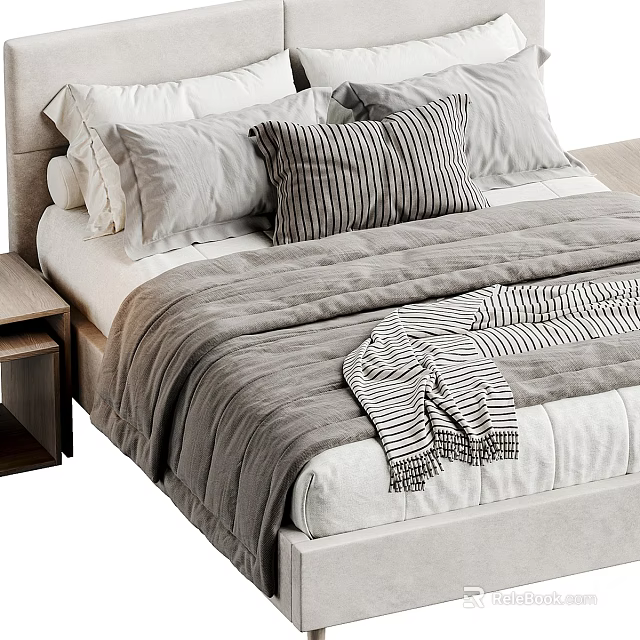 Double Bed With Striped Pillows Gray Blanket And Bedside Table 3d model 