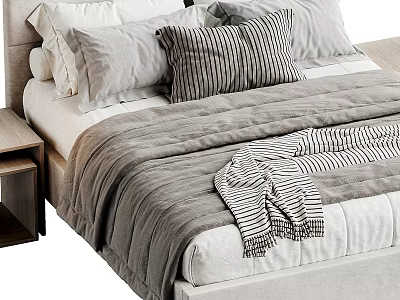 Double Bed With Striped Pillows Gray Blanket And Bedside Table 3d model