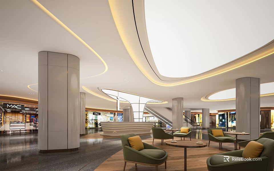Modern Shopping Mall Lobby Interior With Curved Ceiling Lighting And Green Seating Area 3d model 