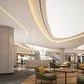 Modern Shopping Mall Lobby Interior With Curved Ceiling Lighting And Green Seating Area