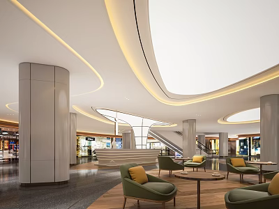 Modern Shopping Mall Lobby Interior With Curved Ceiling Lighting And Green Seating Area 3d model