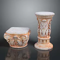 Two Classical Stone Pillars With Intricate Carved Patterns And Decorative Base