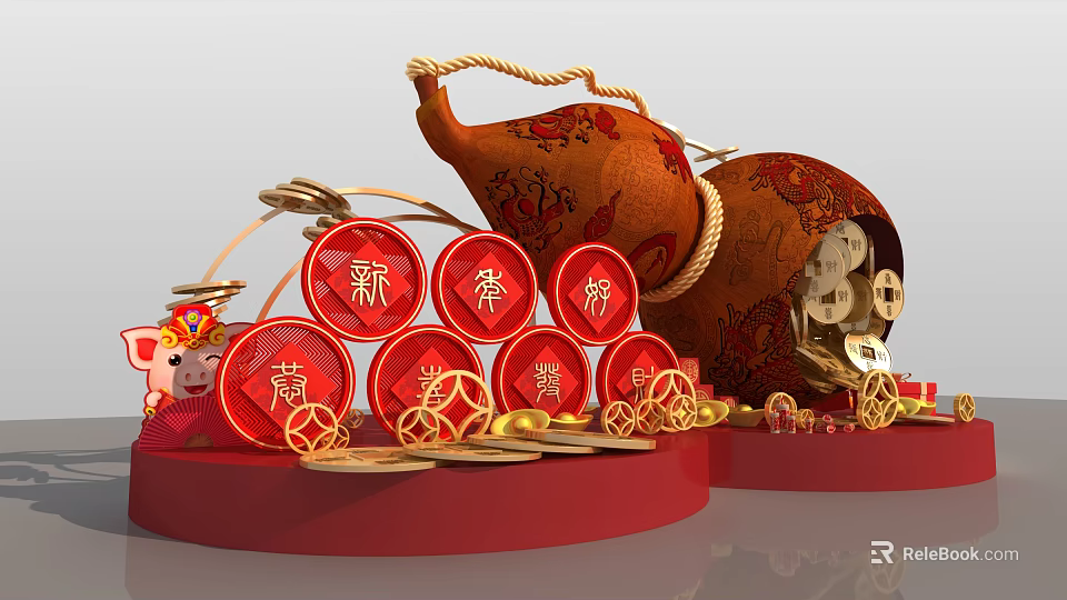 Chinese New Year Decorations With Red Circular Plaques Gourd Ornament And Golden Coins 3d model 
