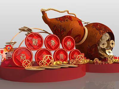 Chinese New Year Decorations With Red Circular Plaques Gourd Ornament And Golden Coins 3d model
