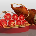 Chinese New Year Decorations With Red Circular Plaques Gourd Ornament And Golden Coins
