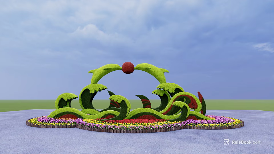Wave Shaped Green Sculpture Flower Planter With Red Sphere And Colorful Flowers 3d model 