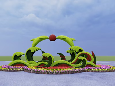 Wave Shaped Green Sculpture Flower Planter With Red Sphere And Colorful Flowers 3d model