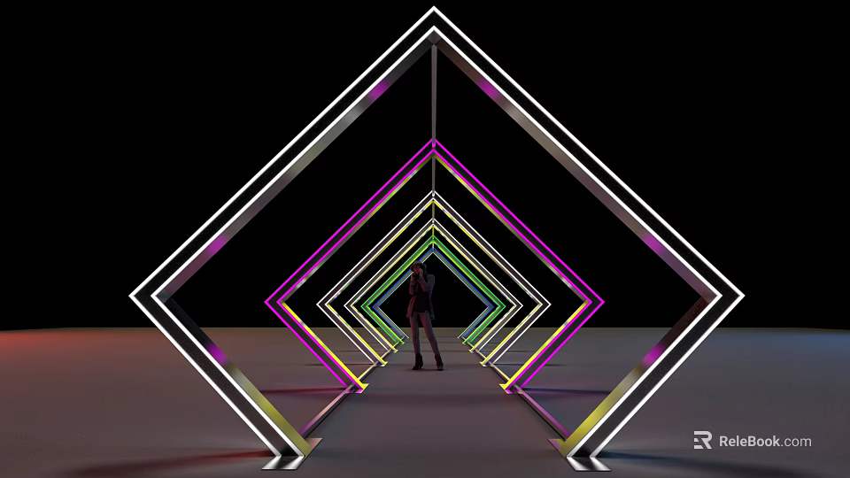 Event Passage With Colorful Neon Diamond Shaped Frames And Person Standing 3d model 