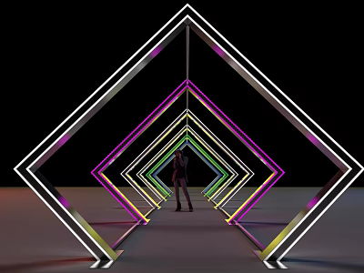 Event Passage With Colorful Neon Diamond Shaped Frames And Person Standing 3d model