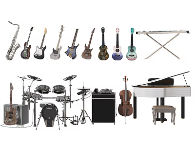 Assorted Musical Instruments Including Guitars Ukuleles Saxophone Drum Set Piano And Cello With Painted Designs 3d model