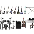 Assorted Musical Instruments Including Guitars Ukuleles Saxophone Drum Set Piano And Cello With Painted Designs