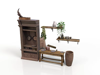Wooden Furniture Display With Cabinet Console Table Wall Shelves Plants Decorations And Woven Basket 3d model
