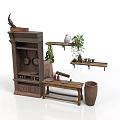 Wooden Furniture Display With Cabinet Console Table Wall Shelves Plants Decorations And Woven Basket