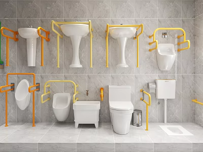 White Toilet With Yellow Grab Bars In Gray Tiled Bathroom Setting 3d model