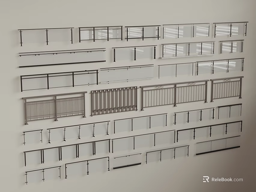Differently Designed Railings With Various Styles Neatly Arranged On The Wall 3d model 