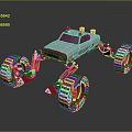 Futuristic Off Road Vehicle With Large Red Rimmed Wheels And Metallic Silver Body