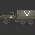 Green Military Truck With Canvas Covered Cargo Area White V Markings And Six Wheel Design