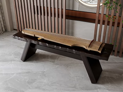 Traditional Chinese Zither And Art Supplies On Dark Wooden Bench Interior Scene 3d model