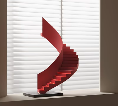 Red Spiral Staircase Sculpture With Black Base And Window Blinds Background 3d model