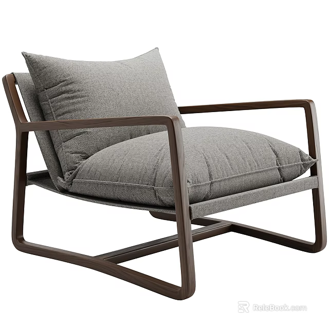 Stylish Modern Armchair With Brown Wooden Frame Gray Fabric Cushion And Comfortable Armrests 3d model 