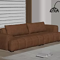 Brown Leather Multi-Person Sofa With Tufted Design Floor Lamp Window Blinds And Area Rug