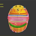 Yellow Race Car Helmet With Red Stripes Ferrari Logo And Sponsor Brands