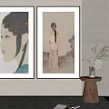 Two Framed Classical Female Portrait Paintings With Traditional Attire And Hair Ornaments For Interior Decor