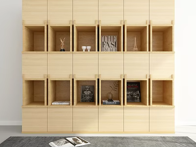 Modern Wooden Bookshelf with Open Compartments Holding Books and Decorative Items 3d model