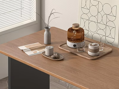Stylish Tea Set on Wooden Table with Tray Cups Thermos Flask and Geometric Wall Art 3d model