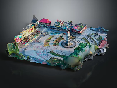 Colorful Plaza Model Featuring Central Fountain Surrounding Buildings And Greenery 3d model