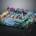 Colorful Plaza Model Featuring Central Fountain Surrounding Buildings And Greenery