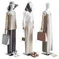 Fashion Models Wearing Sleeveless Beige Dresses White Blouses Gray Wide Leg Pants With Handbags