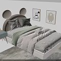 Kids Bed With Mickey Mouse Ear Shaped Headboard Gray Green Pillows Blue Nightstand Wall Art