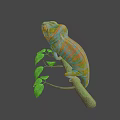 Vibrant Colorful Chameleon Game Movie Character on Branch with Green Leaves